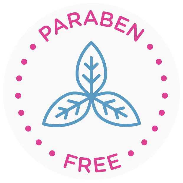 Paraben Free seal featuring a blue leaf icon with gold dotted border and text reading "PARABEN FREE"